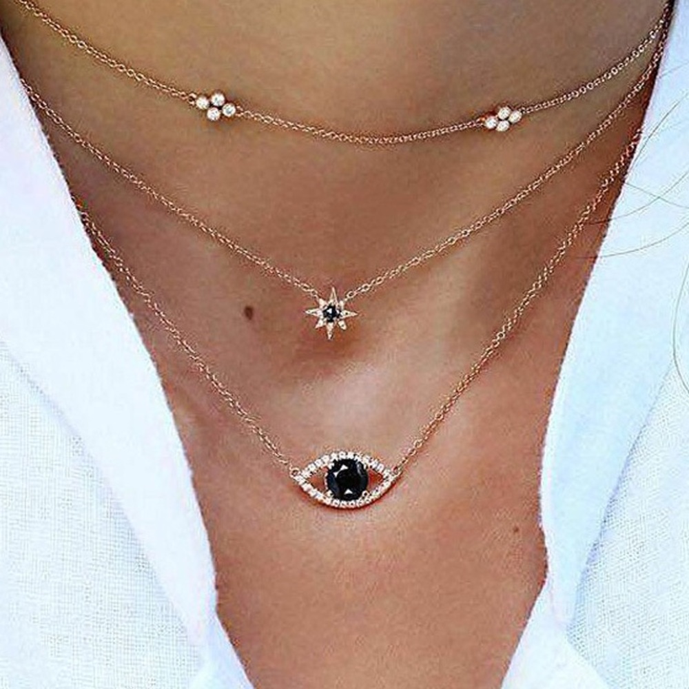 Boho multi-necklace gold with Evil Eye pendant